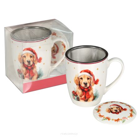Kubek z porcelany 350 ml z zaparzaczem i pokrywką S1 pies