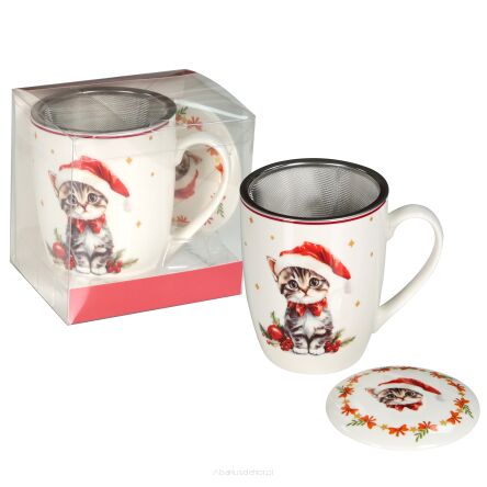 Kubek z porcelany 350 ml z zaparzaczem i pokrywką S2 kot